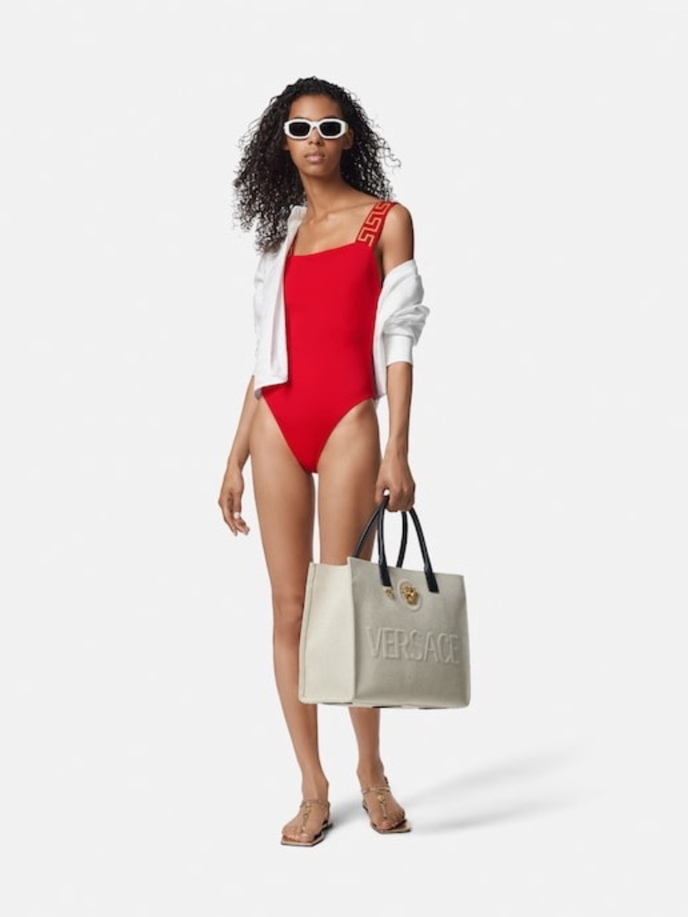 Versace Red One-Shoulder Logo-Trim Swimsuit